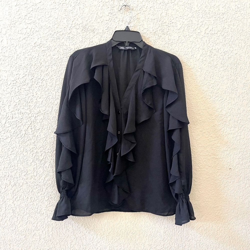 ZARA TOP BLOUSE RUFFLE SEMI SHEER HOLIDAY CHIC CASUAL BLACK SMALL